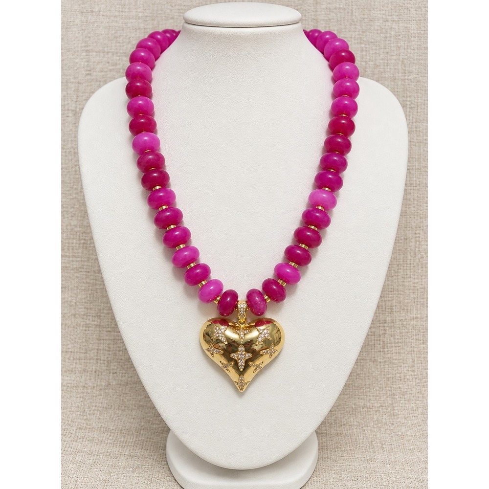 Hot Pink Dyed Jade Heart Necklace Chunky Dopamine Maximalist Jewelry